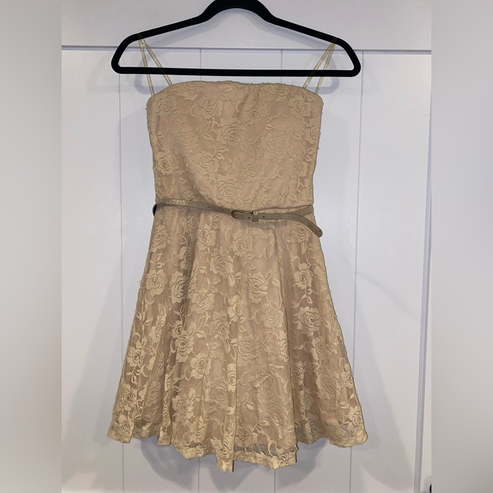 Women’s As U Wish Gold Floral Lace Strapless Dress with Belt - Size Junior S